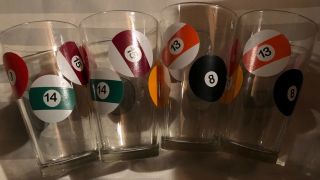 Vintage Pool Ball Billiards Drinking Glasses Set Of 4 Bar Man Cave Beer Number