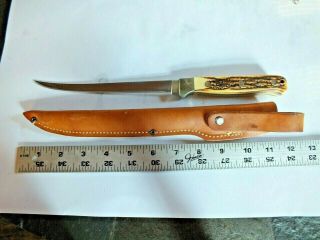 Vintage Schrade Made In Usa Bone/stag Handle Fillet Knife With Leather Sheath