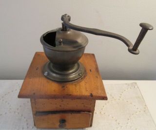 Antique Vintage Crank Coffee Grinder Wood Drawer Finger Joints Kitchen Decor