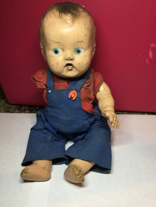 Antique Vintage Composite Boy Doll With Blue Eyes And Overalls & Red Shirt