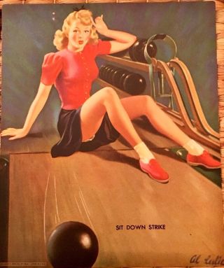 Strike Al Leslie Bowling Pinup Vintage Pin - Up Upskirt Garters Stockings