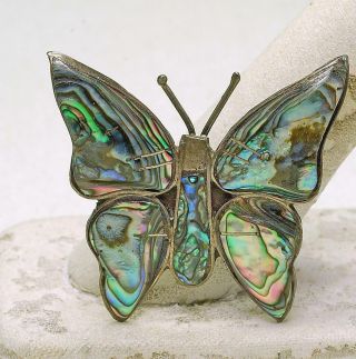 Vintage 925 Solid Sterling Silver & Mother Of Pearl Abalone Butterfly Pin Brooch