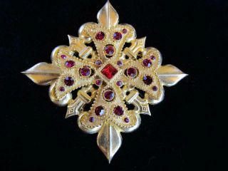 Vintage Ben Amun Ruby Red Rhinestone Fleur De Lis Maltese Cross Brooch Pin