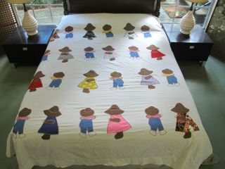 Vintage " Quilt Top " : Sunbonnet Sue & Overall Sam Appliques Sewn To White Sheet