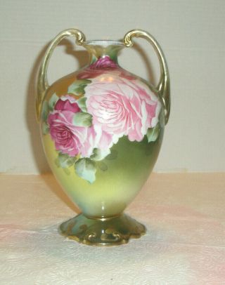 Vintage Nippon Hand Painted Vase Pink Mauve Flowers Two Handles