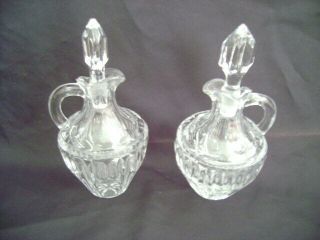 Pair Vintage Small Clear Glass Cruets - Pressed Glass.