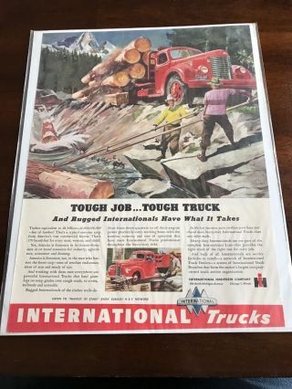 1946 Vintage Print Ad International Harvester Loggers Tough Job Logging Trucks