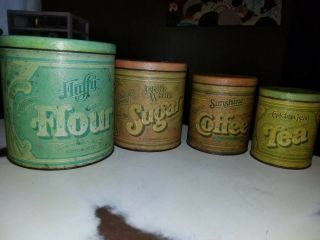 Vintage Flour,  Sugar,  Coffee & Tea Advertising Tin Canister Set Of 4