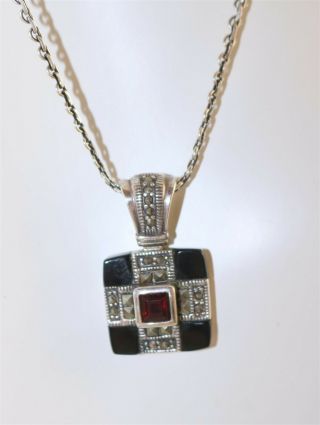 Sterling Silver Garnet & Marcasite Vintage Style Pendant 20 " Chain Necklace