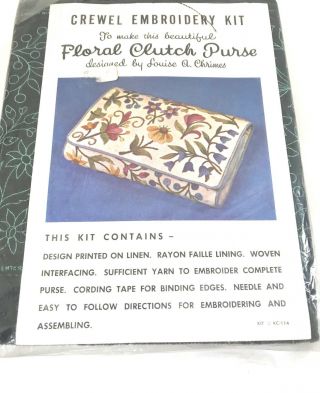 Vintage Crewel Embroidery Kit Floral Clutch Purse Jacobean Flowers 1960 