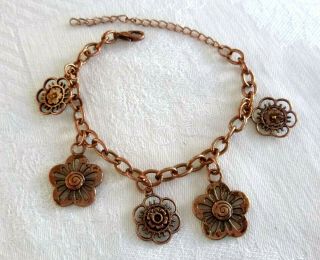 Vintage Solid Copper Artisan Charm Bracelet Anklet 5 Flower Charms
