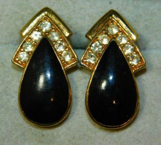 Vintage Trifari Gold Tone Black Enamel White Rhinestone Pierced Earrings 1j 50