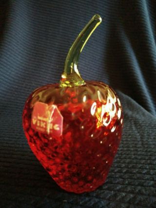 Vintage Viking Art Glass Ruby Red Strawberry Fruit Paperweight W/tag