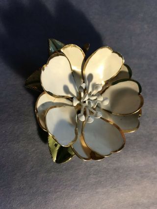 Signed Corocraft Vintage Flower Brooch Pin White Enamel Coro Jewelry -