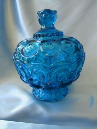 Vintage L.  E.  Smith Large Blue Glass Compote Candy Dish W/lid Moon And Stars