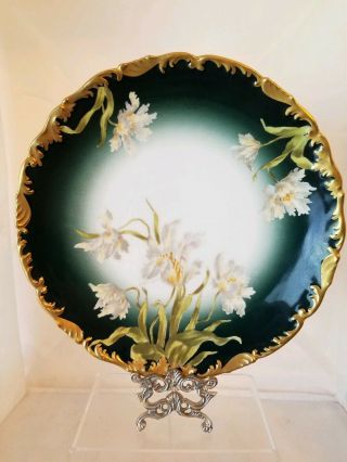 Vintage T & V Limoges China Plate - Hand Painted Dark Green With White Flowers -