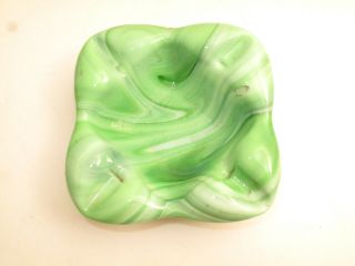 Vtg Akro Agate Glass 6 " Square Cigar Ashtray Green Swirl Art Deco Heavy Chip