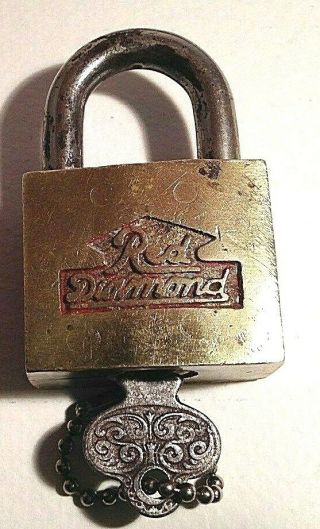 Collectible,  Tool,  Vintage,  Brass Padlock,  Red Diamond,  With Key
