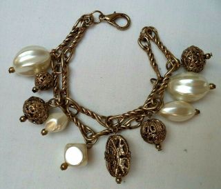 Stunning Vintage Estate Gold Tone Faux Pearl Bead 7 1/2 " Bracelet 2383c