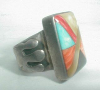 Vintage Navajo Sterling Silver Mv Signed Inlay Spiny Oyster Turquoise Ooak Ring