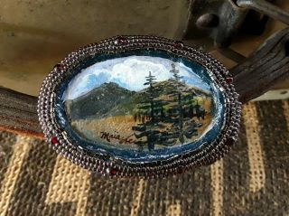 Vintage Art Brooch Leather Hand Painted Beaded Border Signed Maia Forest Clouds