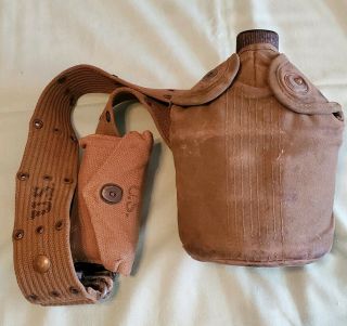 Vintage Us Wwii Military Belt W/ Canteen In Cover Pouch & First Aid Kit In Pouch