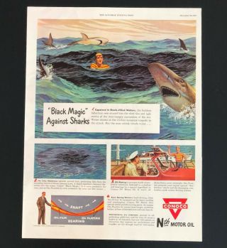 1949 Conoco Motor Oil Advertisement Shark Repellent Black Magic Vtg Print Ad