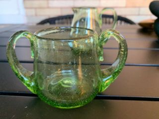 Vintage Art Glass Green Bubble Hand Blown Creamer and Sugar Set 2
