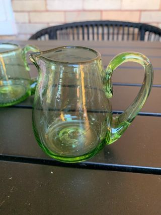 Vintage Art Glass Green Bubble Hand Blown Creamer and Sugar Set 3