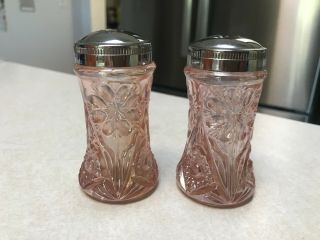 Vintage Pink Carnival Glass Salt And Pepper Shakers With Silver Lids