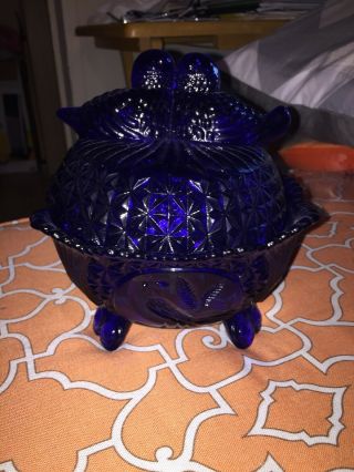 Vintage Cut Glass Cobalt Candy Bowl Blue W 2 Love Birds Covered Dish