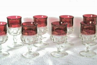 Eight Vintage Kings Crown Thumbprint Cranberry Flash Footed Goblet Wine Glasses