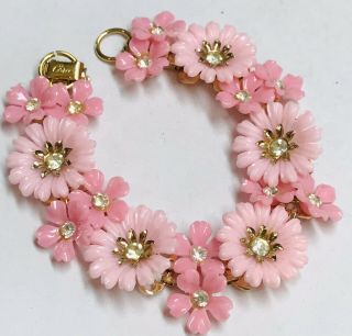 Vintage Signed Coro Pink Lucite Plastic And Rhinestone Flower Bracelet