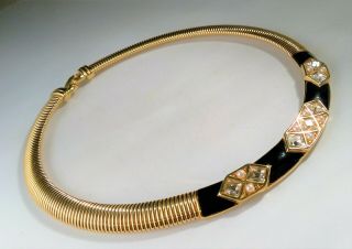 Vintage Monet Art Deco Serpentine Choker Necklace Black Enamel Rhinestone Sharp