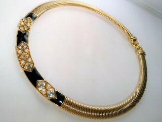 Vintage Monet Art Deco Serpentine Choker Necklace Black Enamel Rhinestone SHARP 5