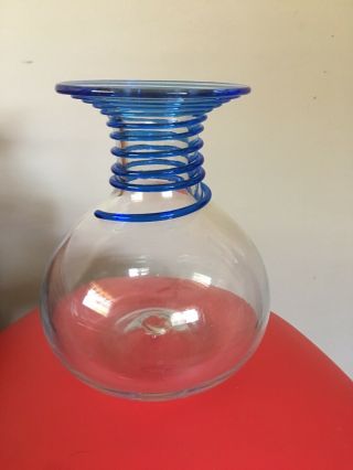 Vintage Blenko Art Glass Applied Blue Spiral Vase 8318 Don Shepherd Design Euc