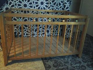 Old Vtg Antique Wood Playpen Abbott Step Fold Crib Baby Bed Nursery Child Play