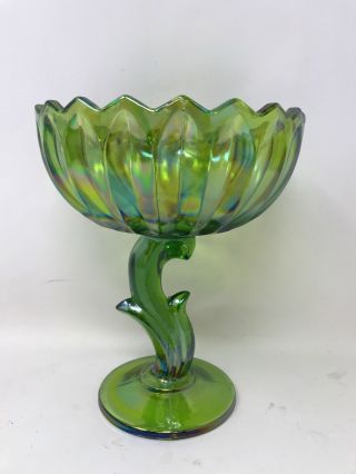 Vintage Indiana Glass Iridescent Green Lotus Blossom Compote Candy Dish