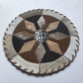 Vintage Cowhide Patchwork Tapestry Small Round Leather Rug Placemat Table Decor