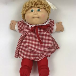 Vtg Cabbage Patch Doll Girl Blonde Curly Hair Green Eyes Red Gingham Dress 1985