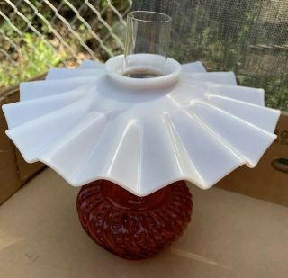 Vintage Miniature Oil Lamp Ruby Pressed Glass W/ White Ruffled Milk Glass Shade