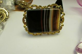 Vintage Victorian Agate Brass Pin Brooch Large 5