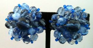 Vintage Estate Signed W Germany Glass Bead Flower 1 1/8 " Clip Earrings G754d