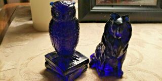 Two Vintage Cobalt Blue Glass Collie Dog And Owl Glass Figurines