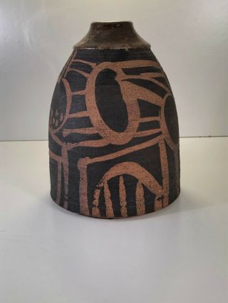 Vintage Red Clay Art Pottery Vase Abstract Design Artist 