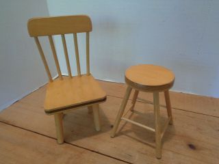 Vintage Wood Barbie Doll Furniture Straight Back Chair And Stool