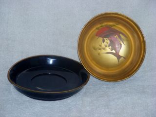 Vintage Japanese Black & Gold Lacquer Plastic Soup Bowl Saucer Painted Goldfish