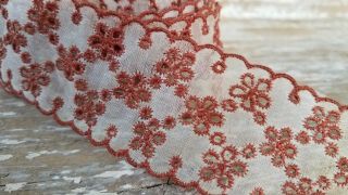 Antique Organdy Lace Trim Embroidered Eyelet Cinnamon Red 1 7/8 " X 3 Yards Vtg