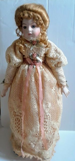 Vintage 28 Inch Porcelain China Doll w/Lace Dress & Stand,  Cond Victorian 2