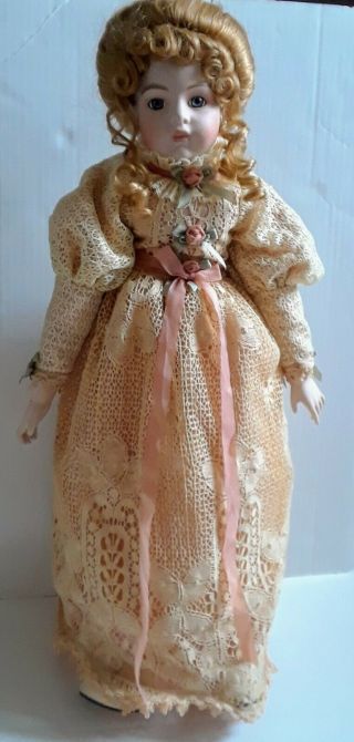 Vintage 28 Inch Porcelain China Doll w/Lace Dress & Stand,  Cond Victorian 4